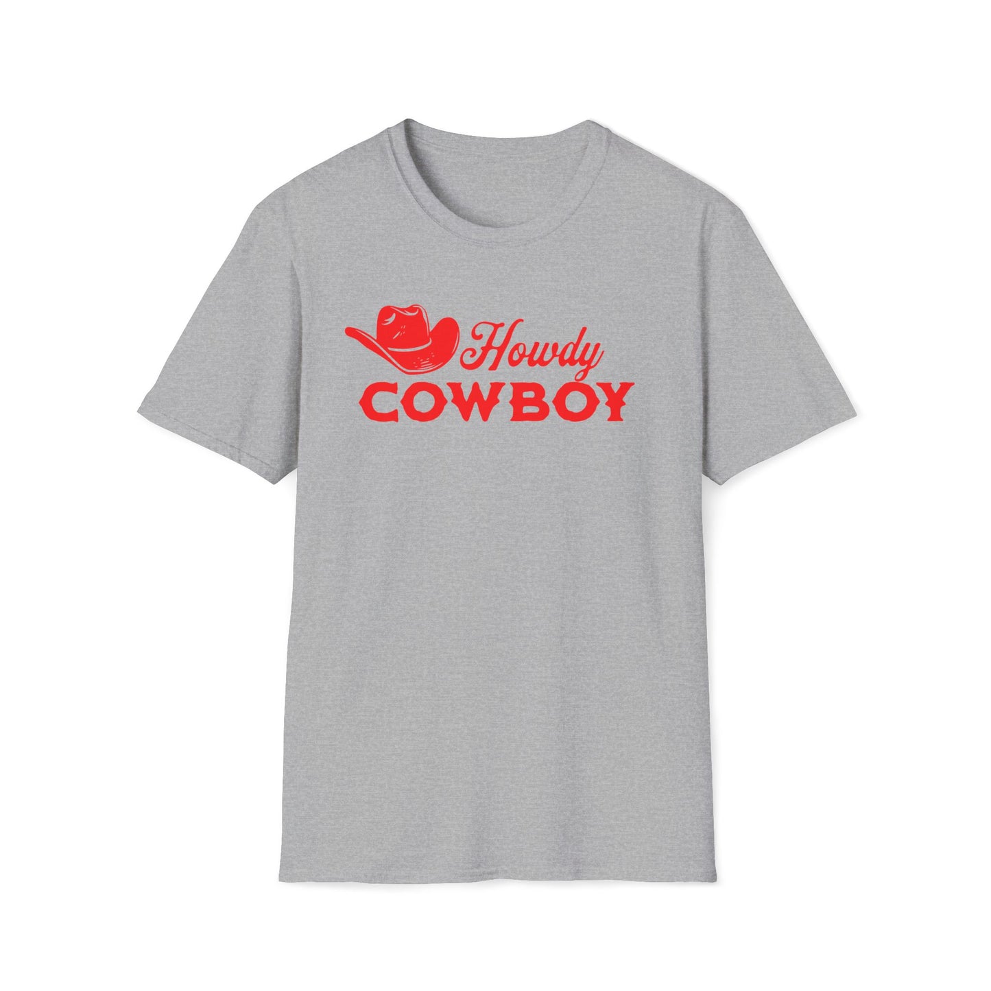 A heather gray short-sleeve t-shirt with a red graphic on the chest featuring a cowboy hat and the text 'Howdy COWBOY'.