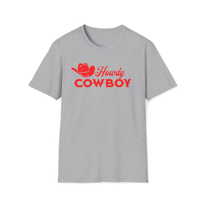 A heather gray short-sleeve t-shirt with a red graphic on the chest featuring a cowboy hat and the text 'Howdy COWBOY'.