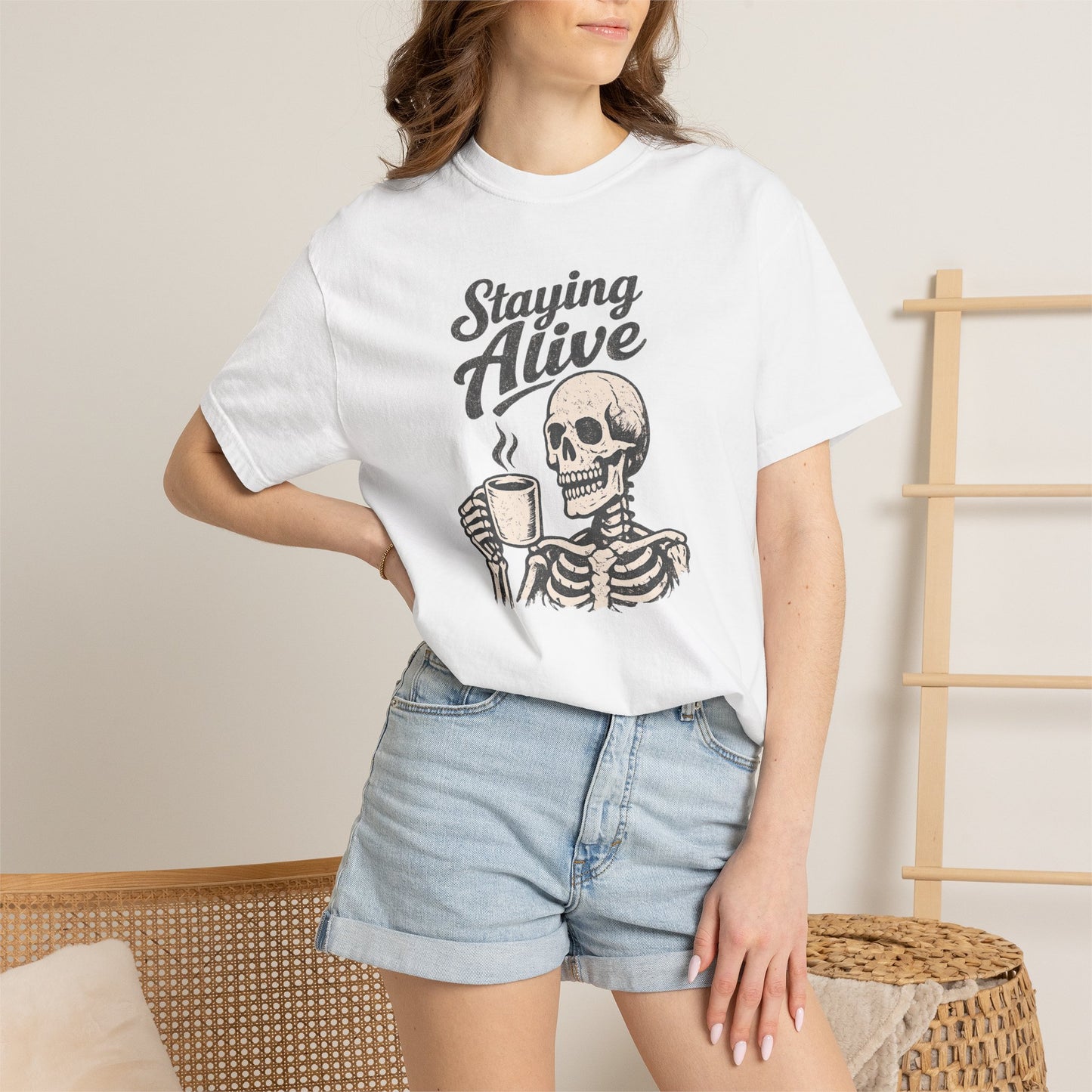 Staying Alive Skeleton Coffee T-Shirt | Skull with Mug Tee