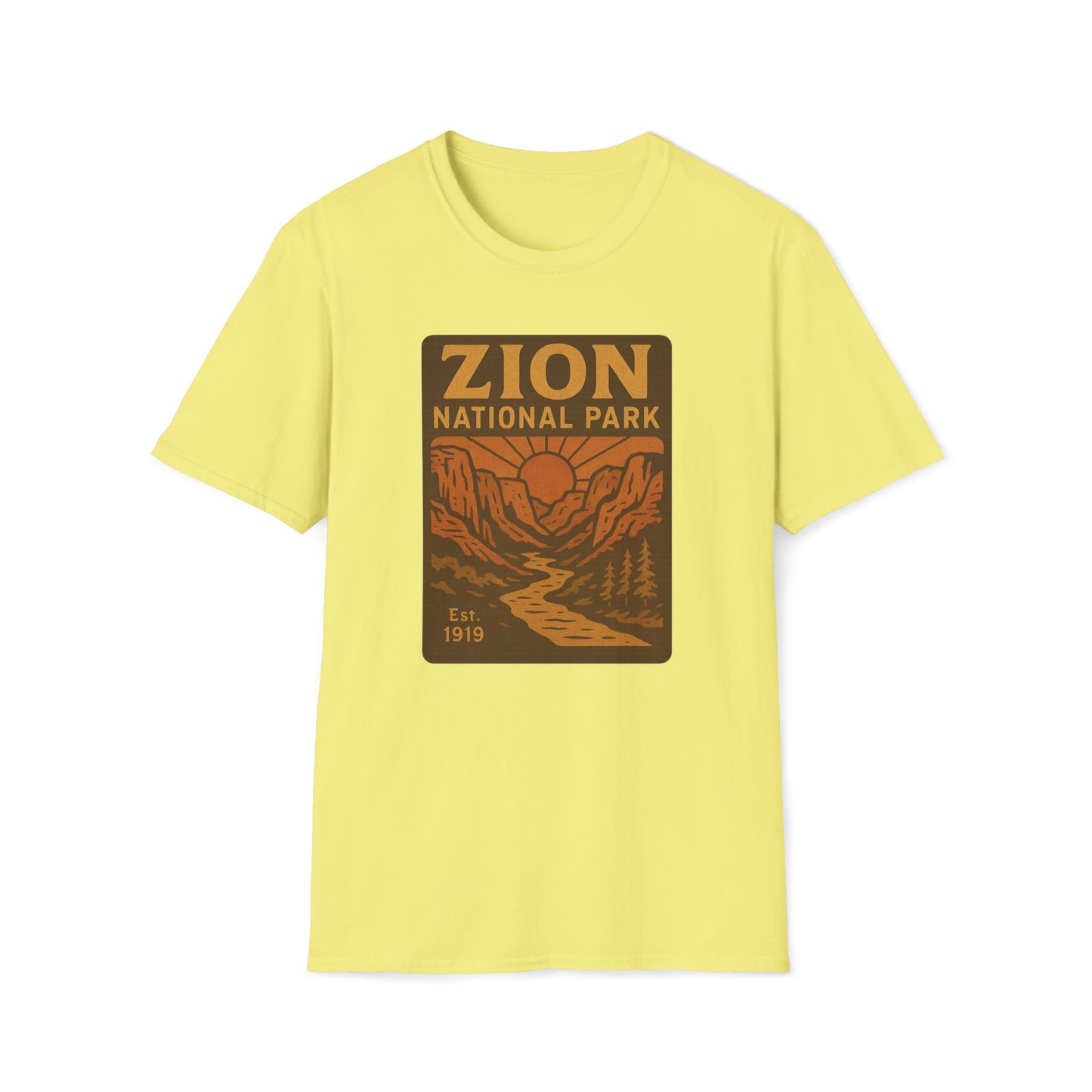 A pale yellow short-sleeve crewneck t-shirt featuring a retro-style 'Zion National Park' graphic on the chest, displayed against a solid white background.