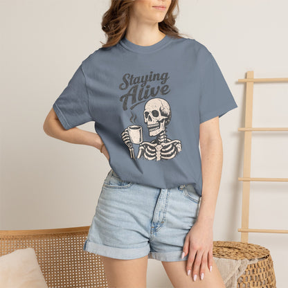 Staying Alive Skeleton Coffee T-Shirt | Skull with Mug Tee