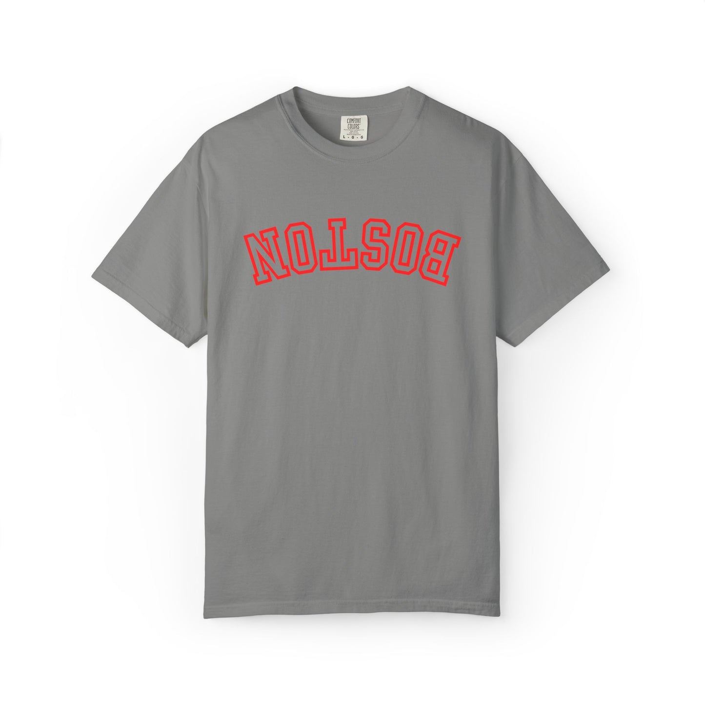A gray short-sleeve crewneck t-shirt with the word 'BOSTON' printed in red arched varsity-style letters across the chest, displayed on a clean white background.