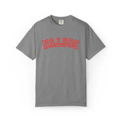 A gray short-sleeve crewneck t-shirt with the word 'BOSTON' printed in red arched varsity-style letters across the chest, displayed on a clean white background.
