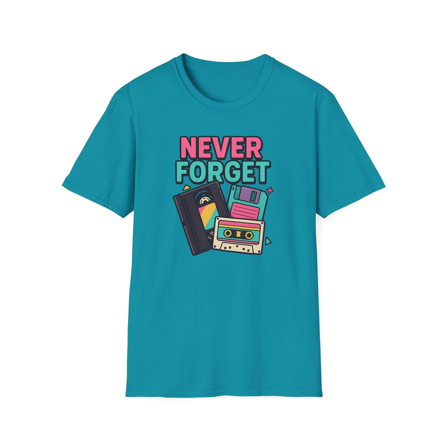 Vintage Tech 'Never Forget' T-Shirt — Retro Cassette, Floppy & Tape Design