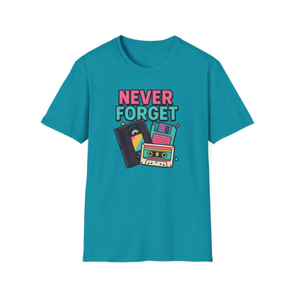 Vintage Tech 'Never Forget' T-Shirt — Retro Cassette, Floppy & Tape Design