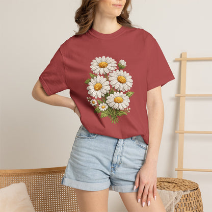 Faux Embroidered Daisy Shirt - Crochet Style Floral Tee - Comfort Colors