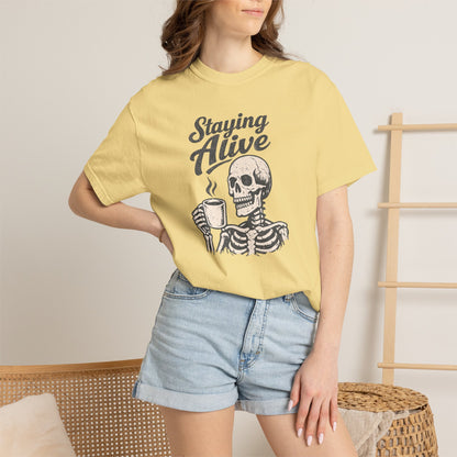 Staying Alive Skeleton Coffee T-Shirt | Skull with Mug Tee