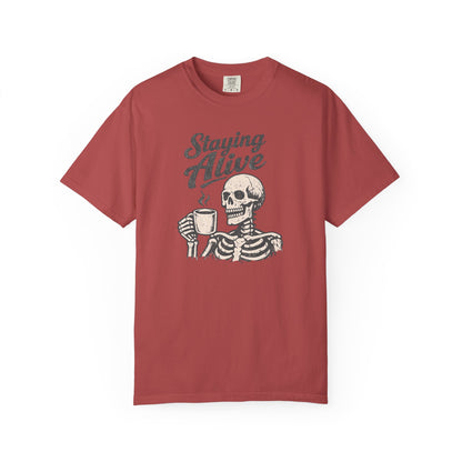 Staying Alive Skeleton Coffee T-Shirt | Skull with Mug Tee