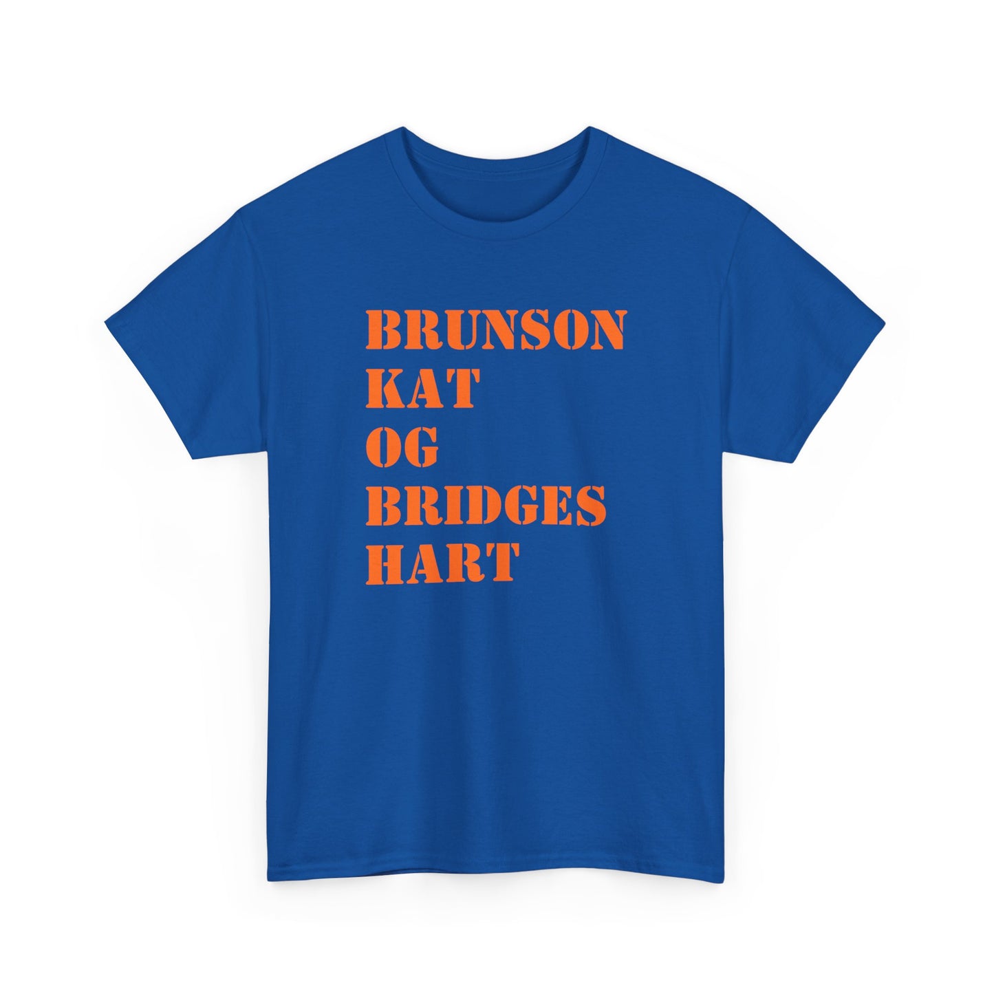 A royal blue short-sleeve t-shirt with the text 'BRUNSON KAT OG BRIDGES HART' printed in orange block letters on the chest, displayed against a plain white background.