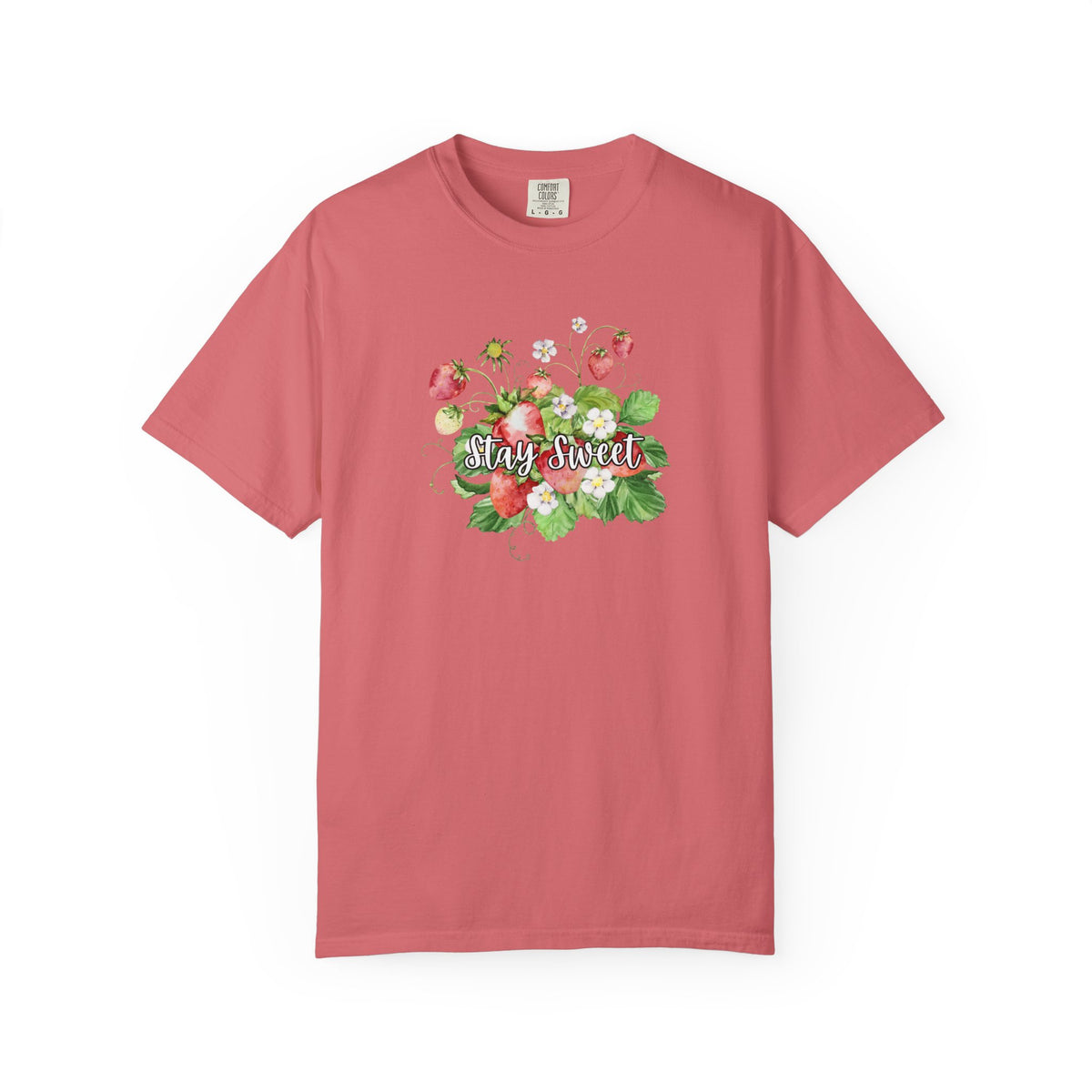 A dusty rose pink short-sleeve t-shirt with a colorful floral graphic on the chest featuring the text 'Stay Sweet' in white script, displayed on a clean white background.