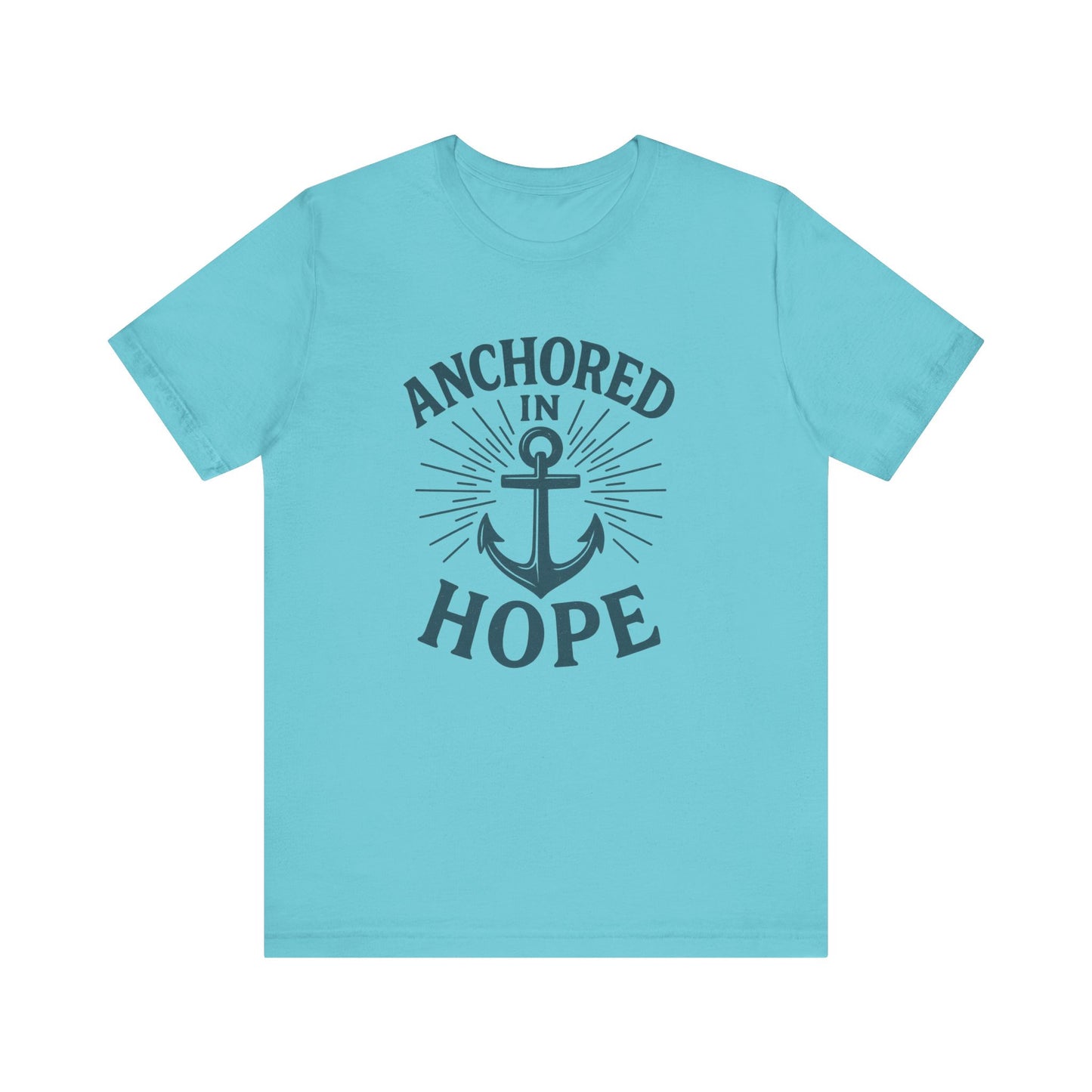 A light blue short-sleeve crewneck t-shirt with a dark navy graphic on the front featuring an anchor and the words 'ANCHORED IN HOPE'.