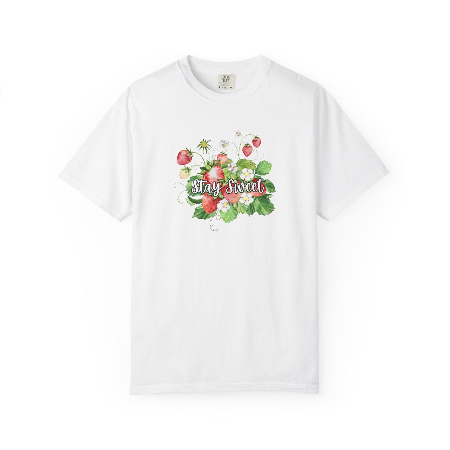 A white short-sleeve crewneck t-shirt featuring a watercolor-style graphic of strawberries and green leaves with the text 'Stay Sweet' across the chest, displayed on a clean white background.