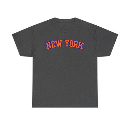 A dark gray heather t-shirt with 'NEW YORK' printed in an arched orange and red collegiate font across the chest, displayed on a solid white background.