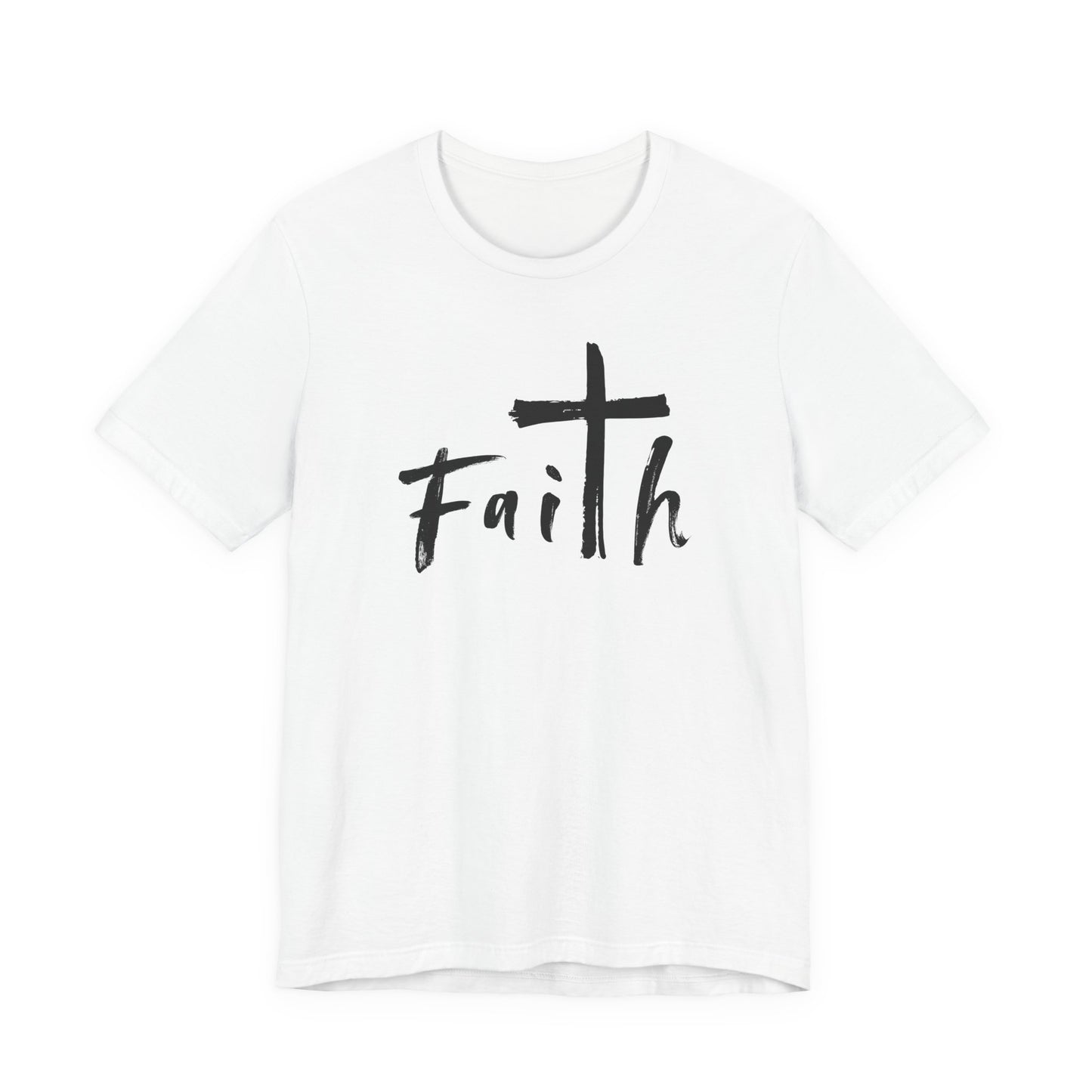 A white short-sleeve crewneck t-shirt featuring a black graphic print on the front that reads 'Faith' with a cross integrated into the letter 'I'.