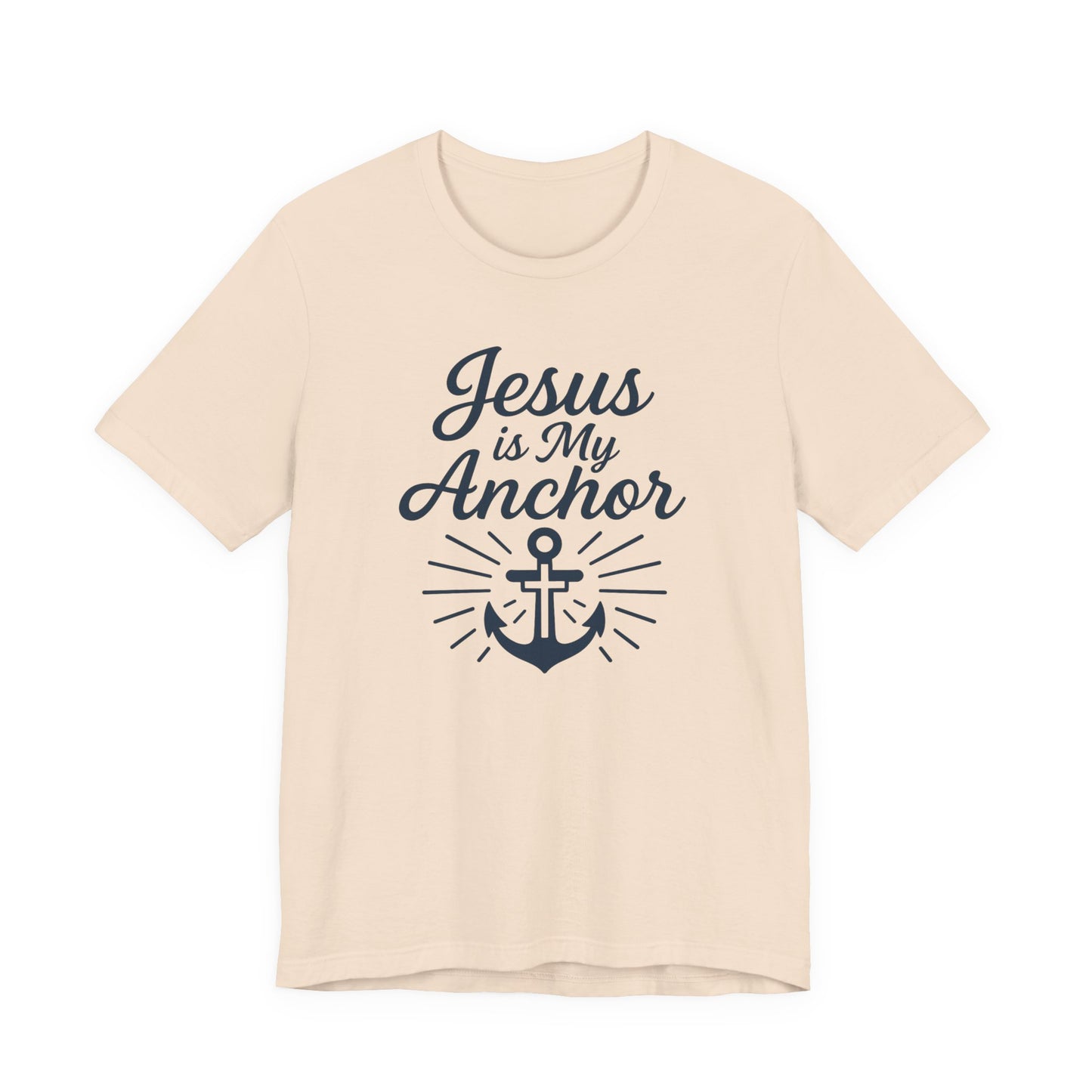A light beige crewneck t-shirt with a navy blue graphic print that reads 'Jesus is My Anchor' above an anchor illustration, shown on a plain white background.