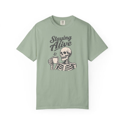 Staying Alive Skeleton Coffee T-Shirt | Skull with Mug Tee