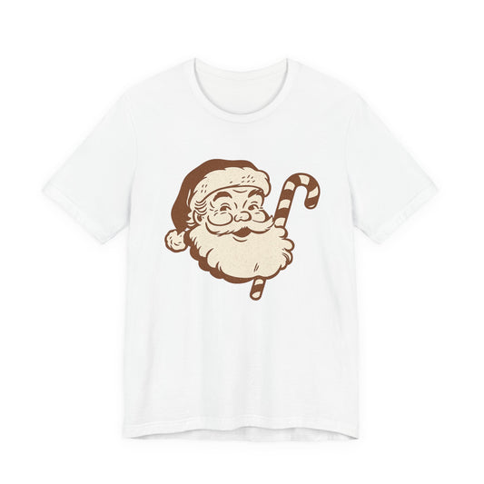 Vintage Santa Face T-Shirt — Retro Christmas Candy Cane Tee