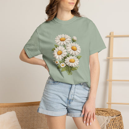 Faux Embroidered Daisy Shirt - Crochet Style Floral Tee - Comfort Colors