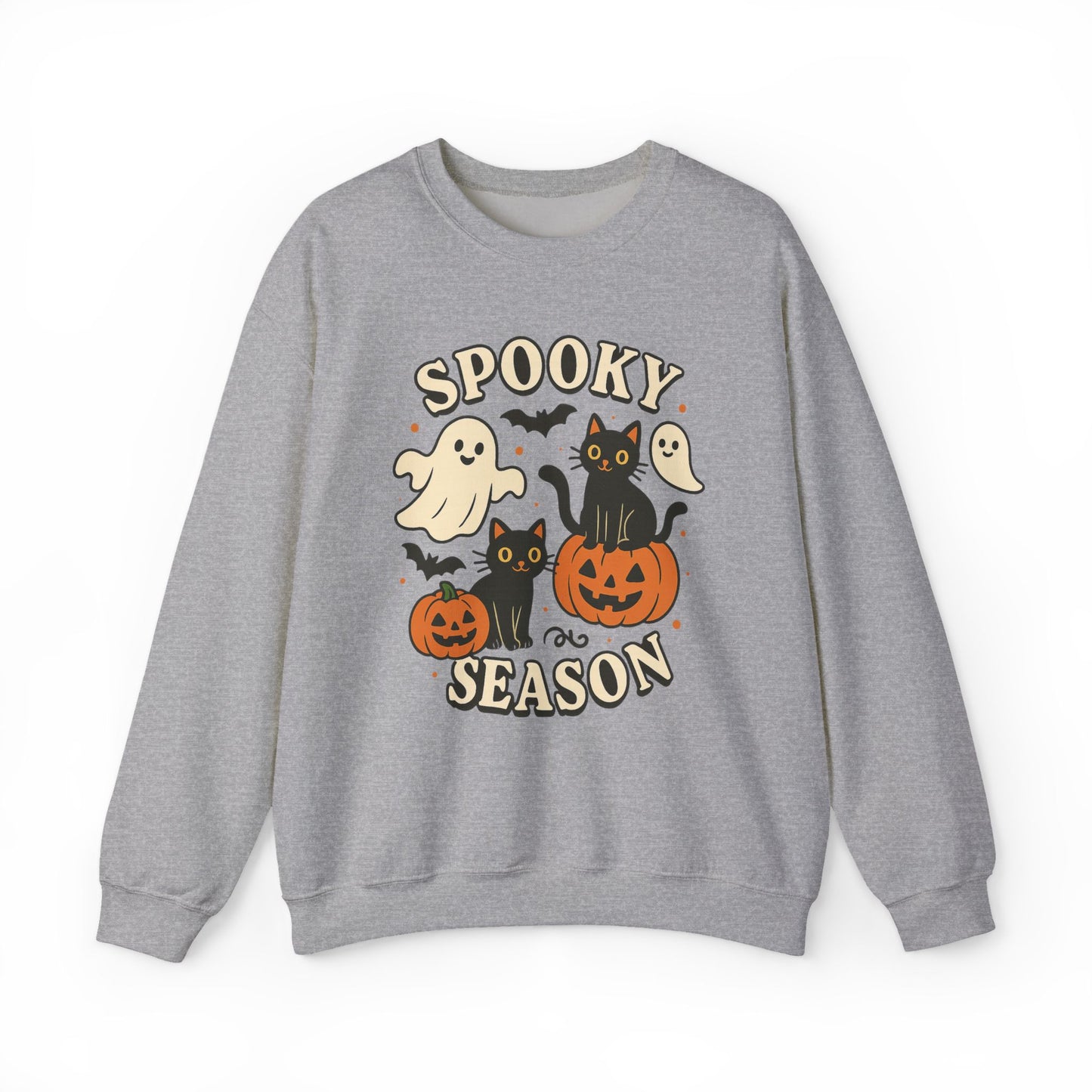 A heather gray crewneck sweatshirt featuring a 'Spooky Season' Halloween graphic with cartoon ghosts, black cats, pumpkins, and bats on a white background.
