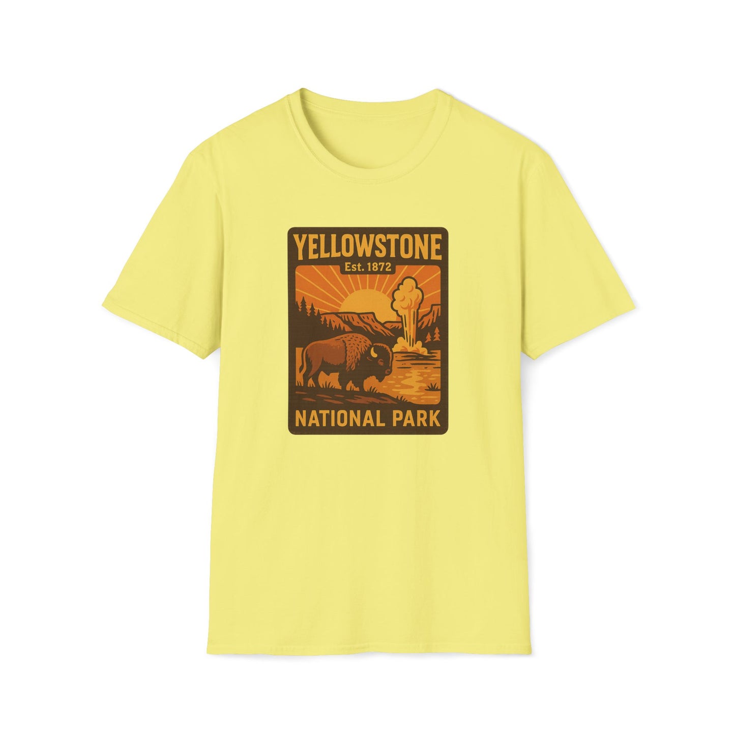 A light yellow short-sleeve crewneck t-shirt featuring a retro-style Yellowstone National Park graphic on the chest, displayed against a solid white background.
