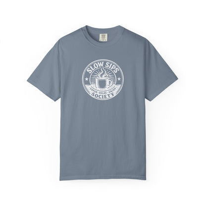 Slow Sips Society logo T-shirt | Coffee Club Shirt | Comfort Colors