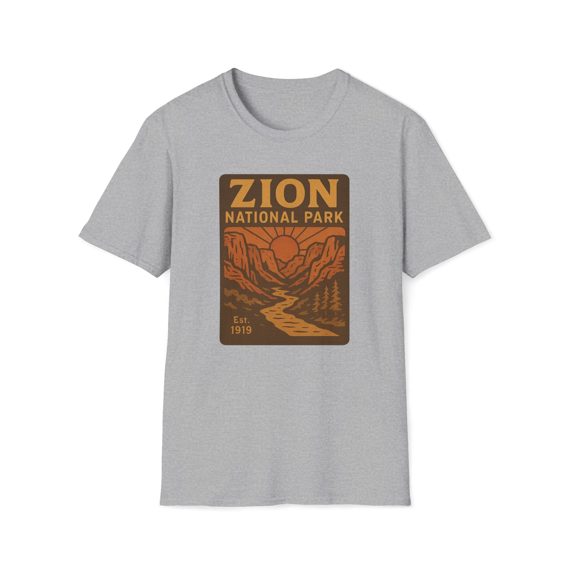 A light heather gray short-sleeve crewneck t-shirt featuring a retro-style 'Zion National Park' graphic on the chest in brown and orange tones.