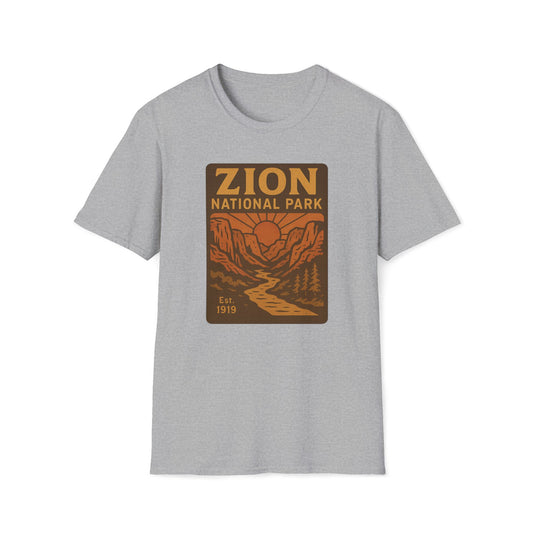 A light heather gray short-sleeve crewneck t-shirt featuring a retro-style 'Zion National Park' graphic on the chest in brown and orange tones.