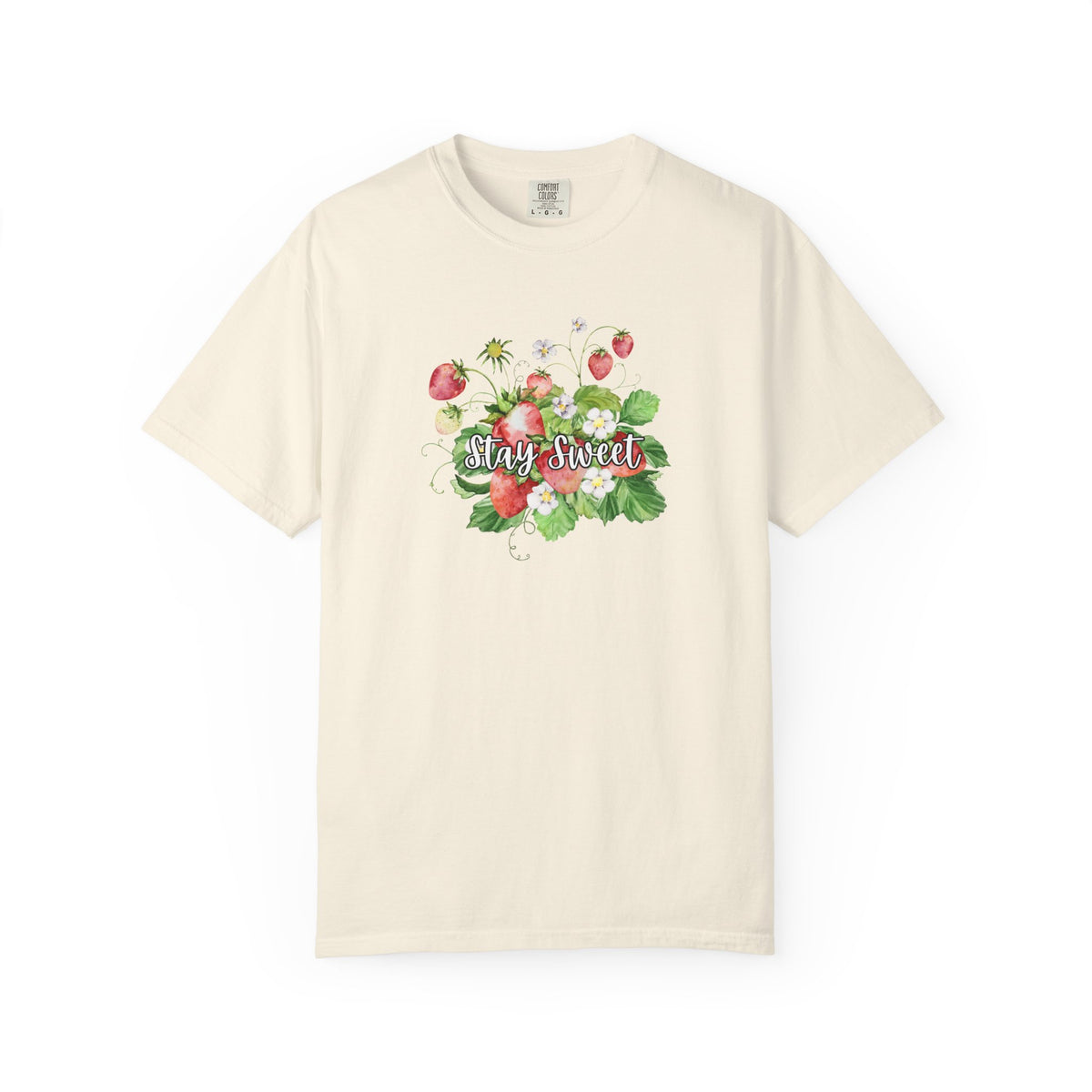 An off-white short-sleeve crewneck t-shirt featuring a watercolor-style graphic of strawberries and green leaves with the text 'Stay Sweet' across the chest, displayed on a clean white background.