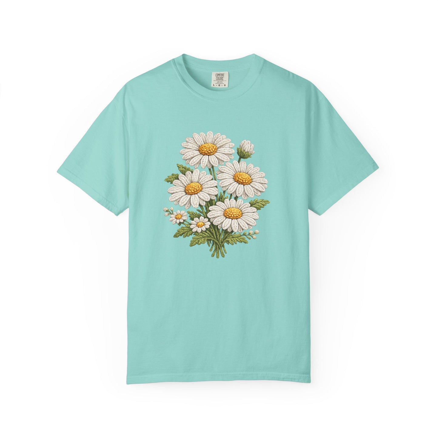 Faux Embroidered Daisy Shirt - Crochet Style Floral Tee - Comfort Colors