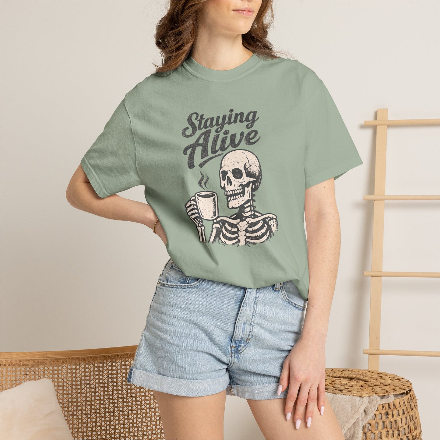 Staying Alive Skeleton Coffee T-Shirt | Skull with Mug Tee