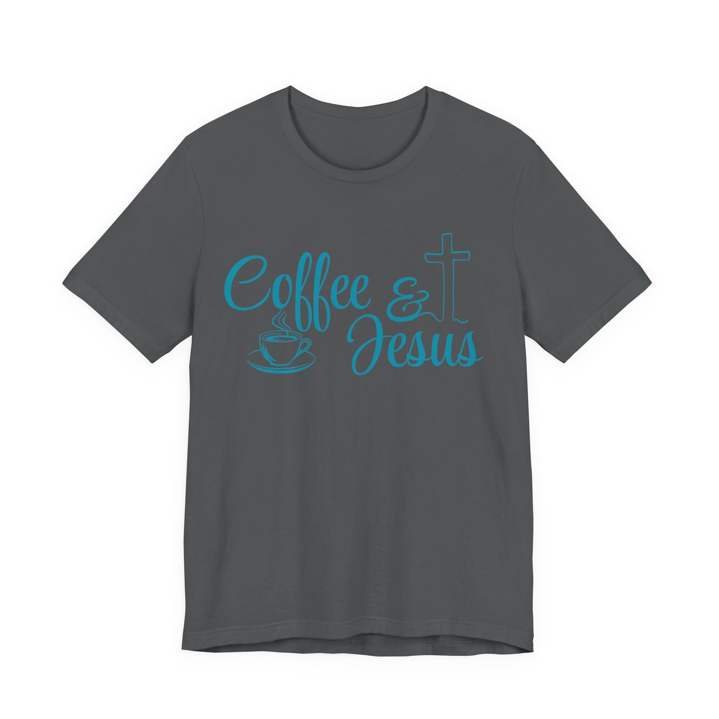 A dark gray short-sleeve crewneck t-shirt with a turquoise graphic on the chest that reads 'Coffee & Jesus' alongside a coffee cup and a cross.