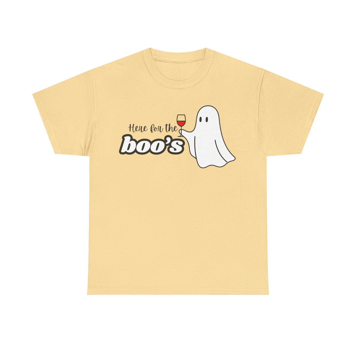 A pale yellow short-sleeve t-shirt with a graphic on the chest that reads 'Here for the boo's' next to a cartoon ghost holding a glass of red wine, shown on a plain white background.