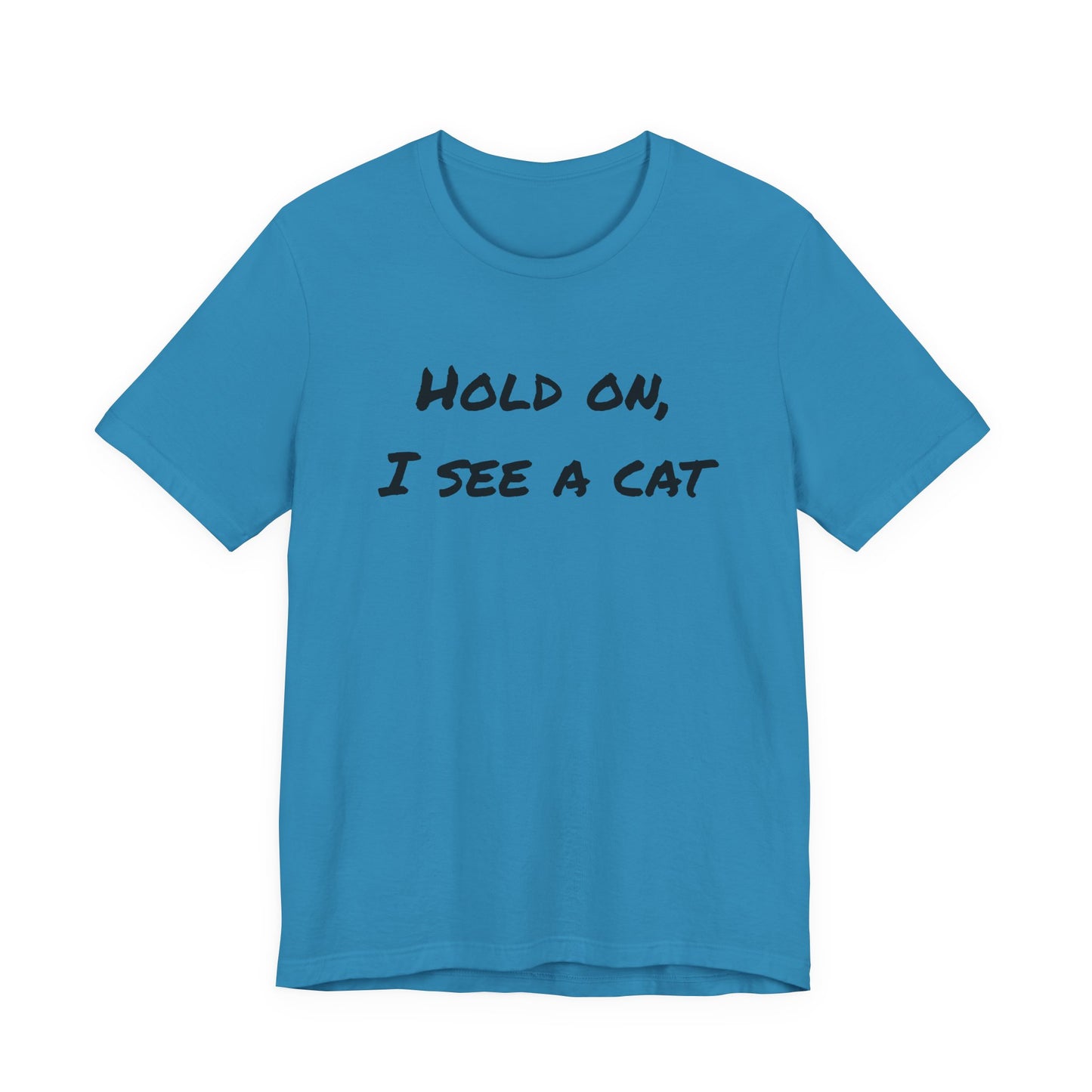 A bright blue short-sleeve crewneck t-shirt with the text 'HOLD ON, I SEE A CAT' printed in black across the chest, displayed on a solid white background.