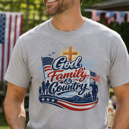 God Family and Country Tee | Patriotic Cross American Flag Shirt