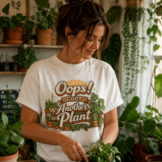 A woman in a plant shop wearing a white graphic t-shirt that reads 'Oops! I Got Another Plant'. She is smiling and looking down at a small green plant in a terracotta pot on a table, surrounded by shelves of potted plants and green foliage.