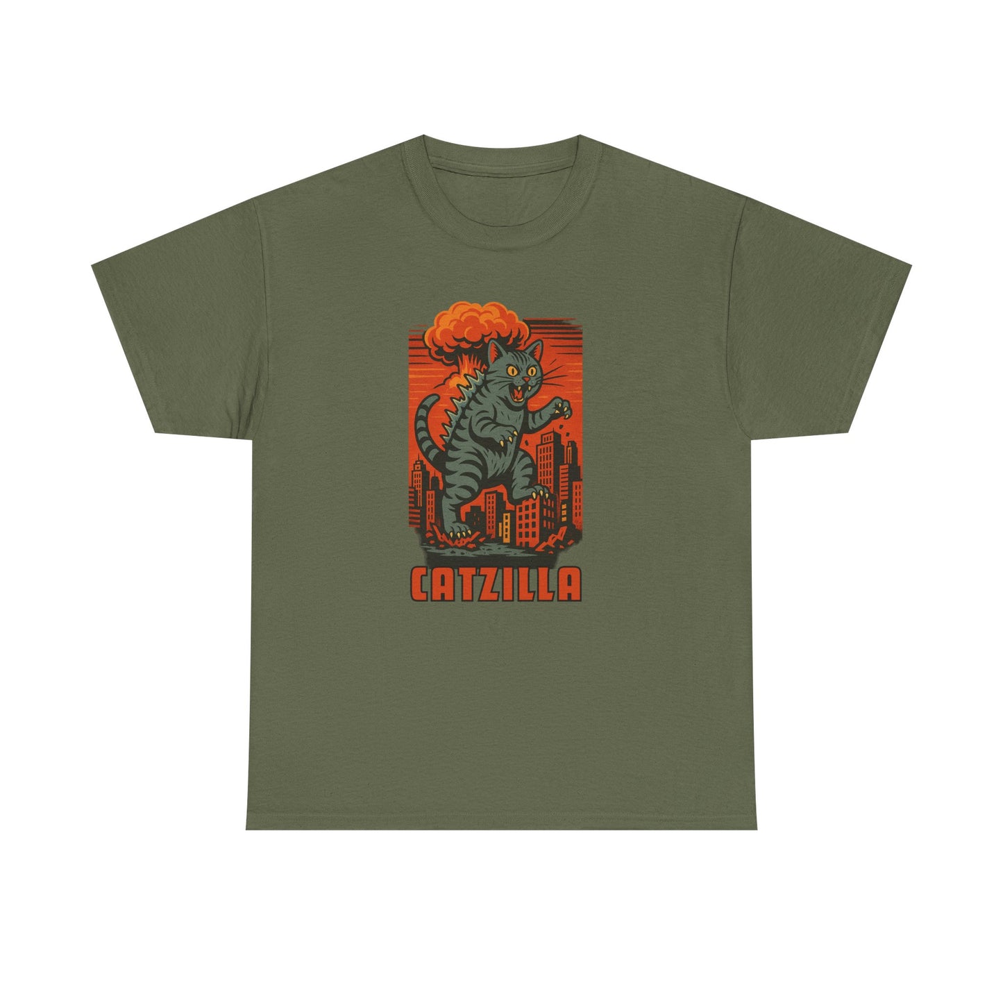 An olive green short-sleeve crewneck t-shirt featuring a retro graphic of a cat monster with an orange mushroom cloud and the word 'CATZILLA' printed below it.