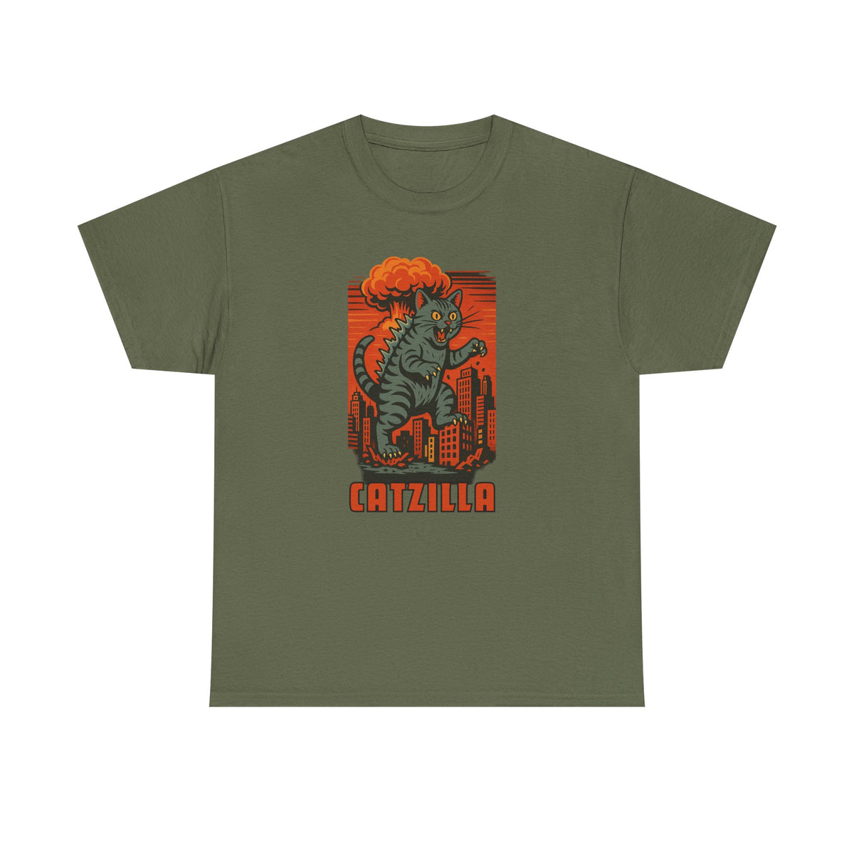 An olive green short-sleeve crewneck t-shirt featuring a retro graphic of a cat monster with an orange mushroom cloud and the word 'CATZILLA' printed below it.