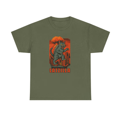 An olive green short-sleeve crewneck t-shirt featuring a retro graphic of a cat monster with an orange mushroom cloud and the word 'CATZILLA' printed below it.