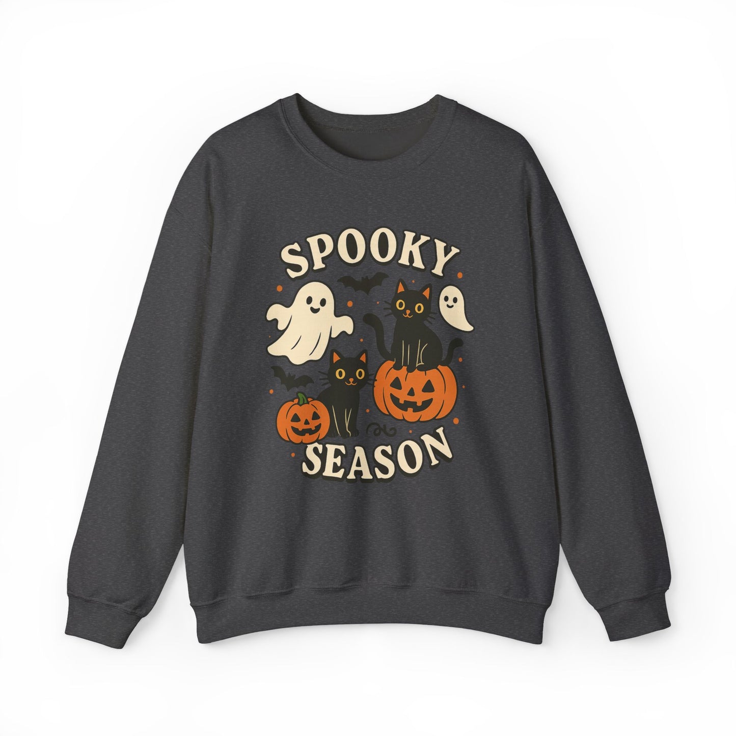 A dark gray crewneck sweatshirt featuring a 'Spooky Season' graphic with cartoon ghosts, black cats, and jack-o'-lantern pumpkins on a white background.