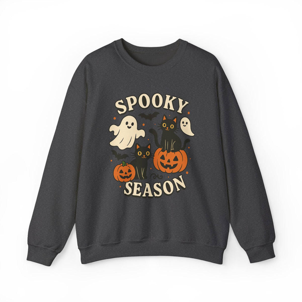 A dark gray crewneck sweatshirt featuring a 'Spooky Season' graphic with cartoon ghosts, black cats, and jack-o'-lantern pumpkins on a white background.