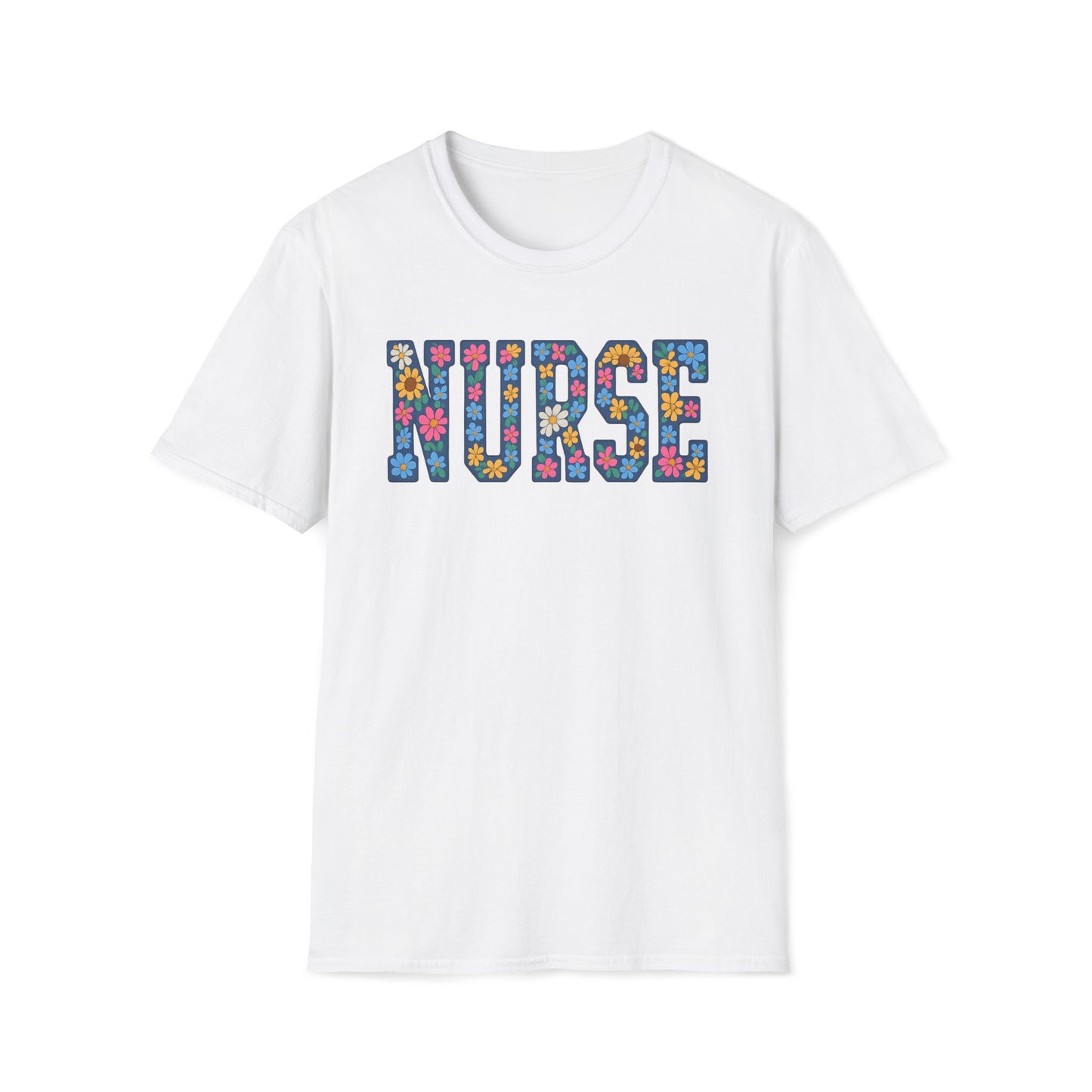 A white short-sleeve crewneck t-shirt featuring the word 'NURSE' printed across the chest in a colorful floral patterned font, set against a plain white background.