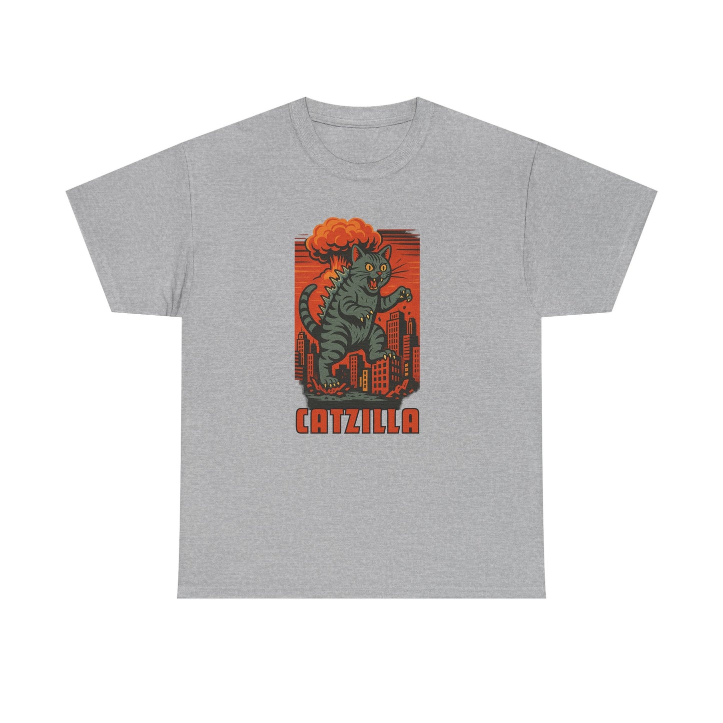 A heather gray short-sleeve crewneck t-shirt featuring a retro-style graphic of a green cat-like monster with orange hair standing in front of a red cityscape, with the word 'CATZILLA' printed below.