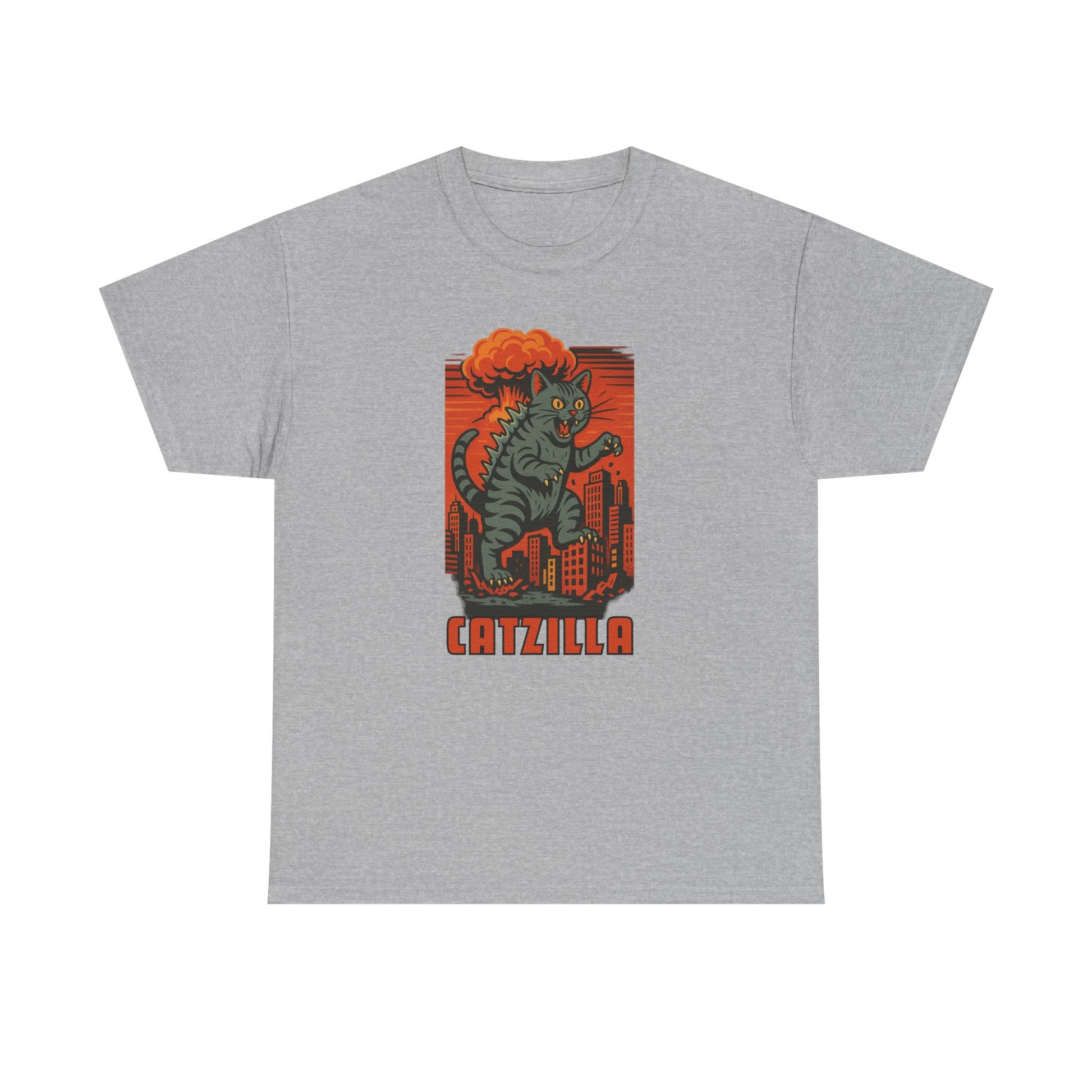 A heather gray short-sleeve crewneck t-shirt featuring a retro-style graphic of a green cat-like monster with orange hair standing in front of a red cityscape, with the word 'CATZILLA' printed below.