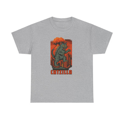 A heather gray short-sleeve crewneck t-shirt featuring a retro-style graphic of a green cat-like monster with orange hair standing in front of a red cityscape, with the word 'CATZILLA' printed below.