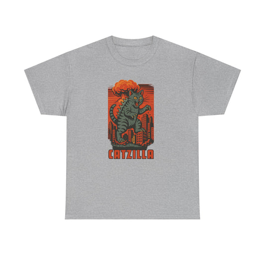 A heather gray short-sleeve crewneck t-shirt featuring a retro-style graphic of a green cat-like monster with orange hair standing in front of a red cityscape, with the word 'CATZILLA' printed below.