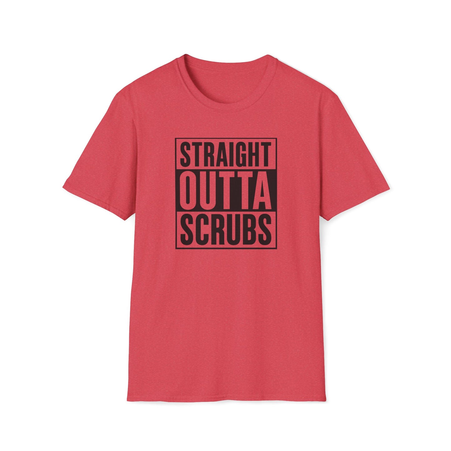 A red short-sleeve crewneck t-shirt with a black graphic box on the chest containing the text 'STRAIGHT OUTTA SCRUBS' in alternating black and red lettering, shown on a plain white background.