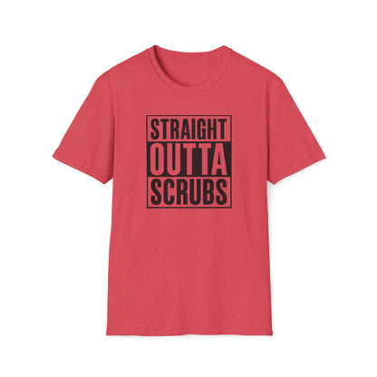 A red short-sleeve crewneck t-shirt with a black graphic box on the chest containing the text 'STRAIGHT OUTTA SCRUBS' in alternating black and red lettering, shown on a plain white background.
