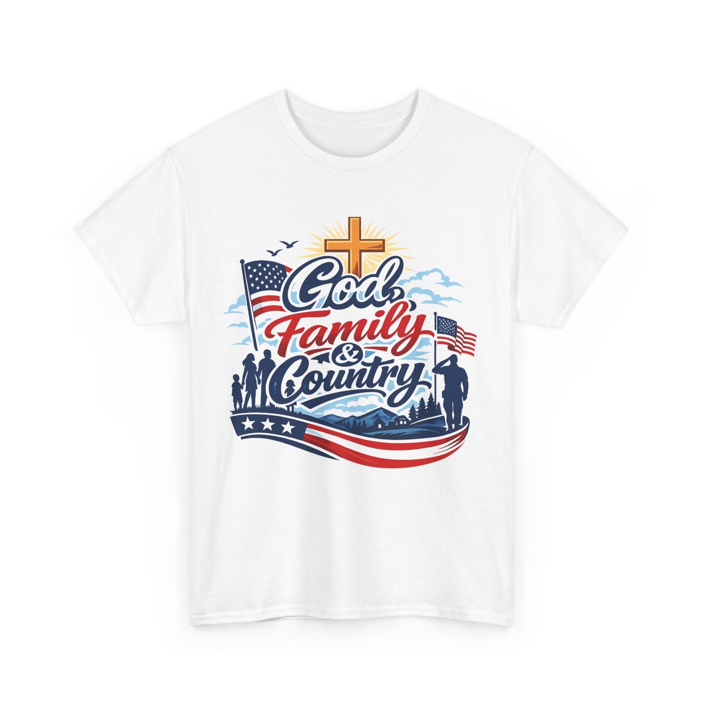 God Family and Country Tee | Patriotic Cross American Flag Shirt