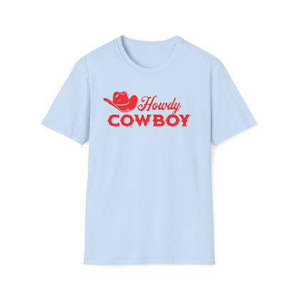 A light blue short-sleeve crewneck t-shirt with a red graphic on the chest featuring a cowboy hat and the text 'Howdy COWBOY'.