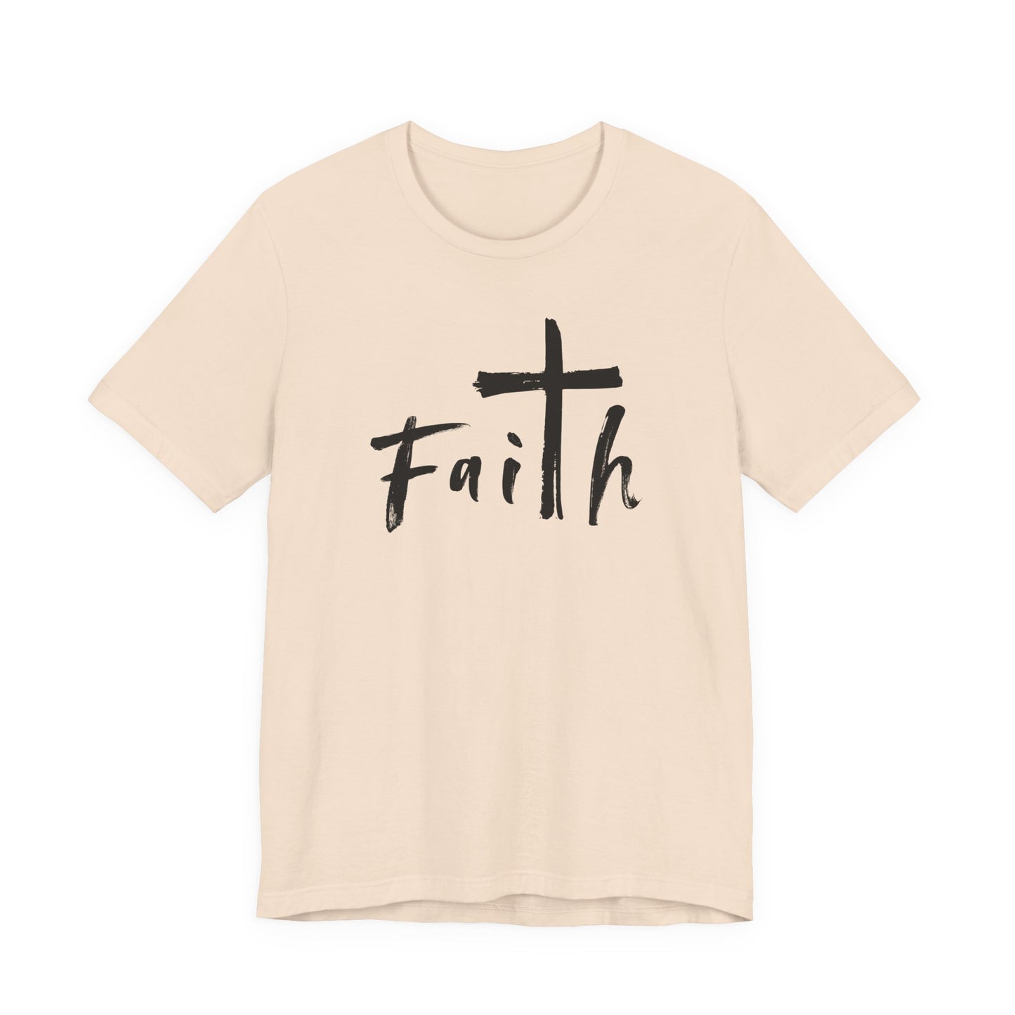 A light beige crewneck t-shirt featuring a black graphic print on the front that reads 'Faith' with a cross integrated into the letter 'i'.